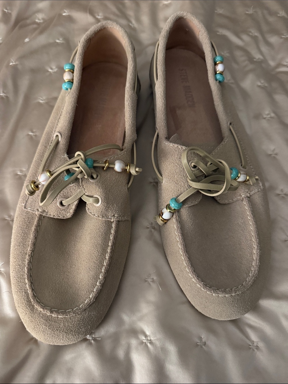 Steve Madden Taupe Suede Moccasins with Turquoise Bead Accents